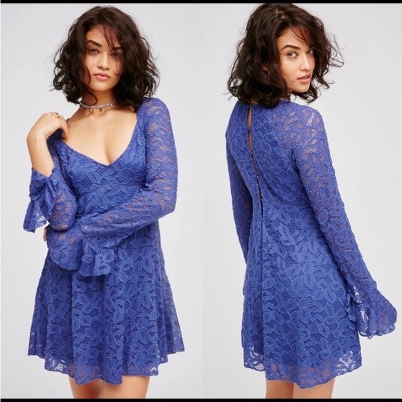 Free People Blue Skies Lace Babydoll Dress Women Sz S Bell Sleeve Lined Boho - Picture 1 of 13